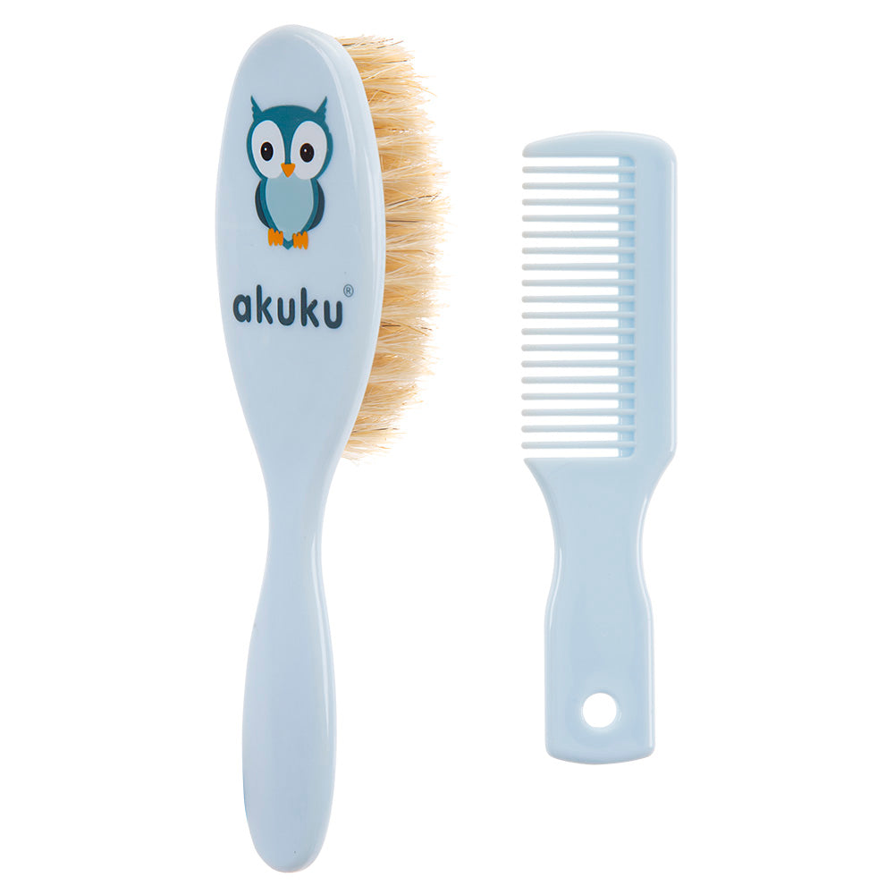 Akuku Baba fésű és kefe szett természetes, puha sörtékkel, kék