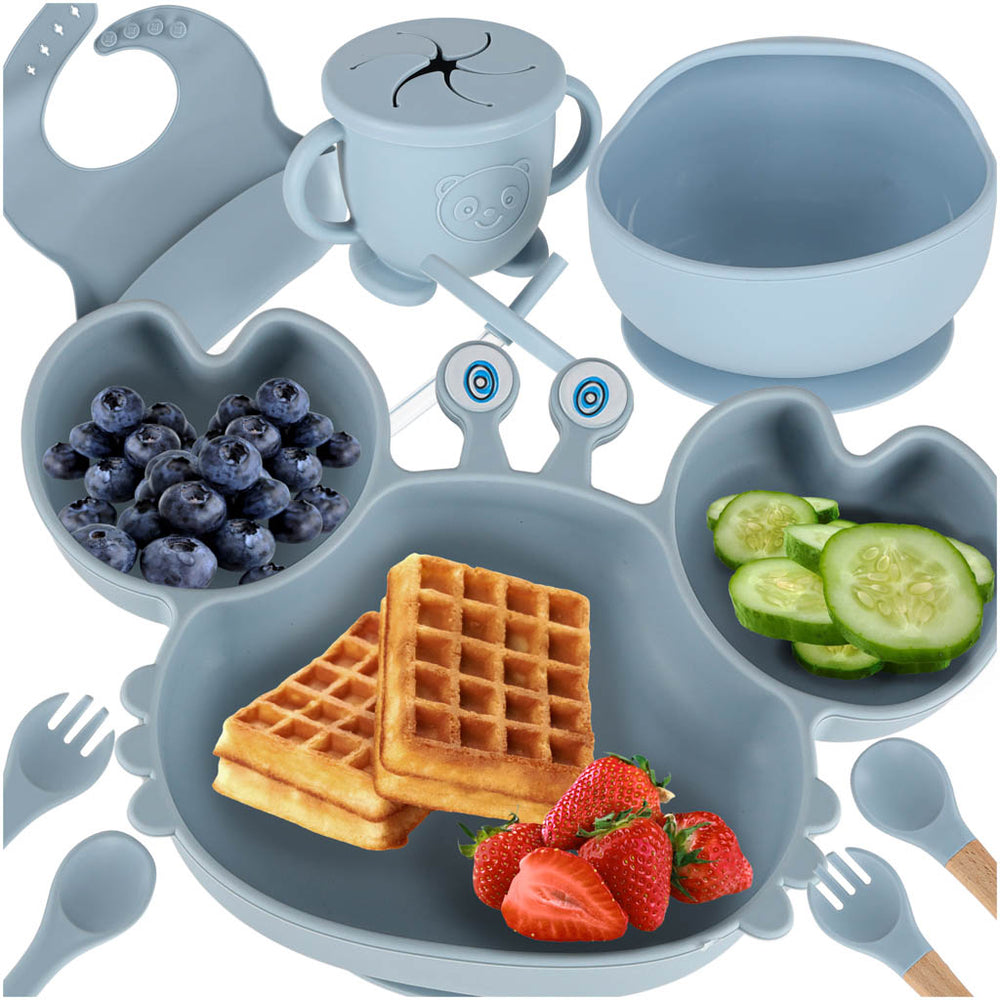 Szilikon étkészlet gyerekeknek, kék – 9 darabos, rák formájú szett