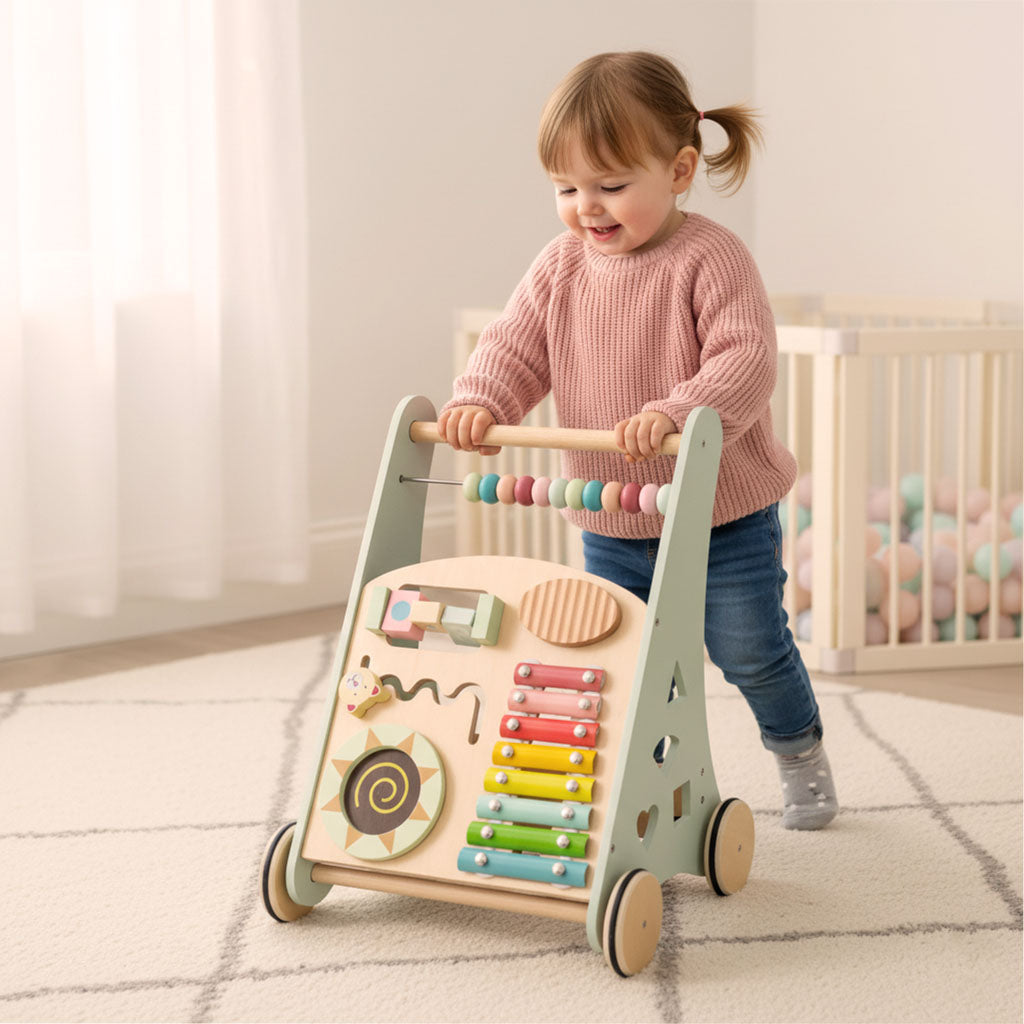 Fa járássegítő abakusszal és fejlesztő játékelemekkel, kék – Tanulás mozgás közben!