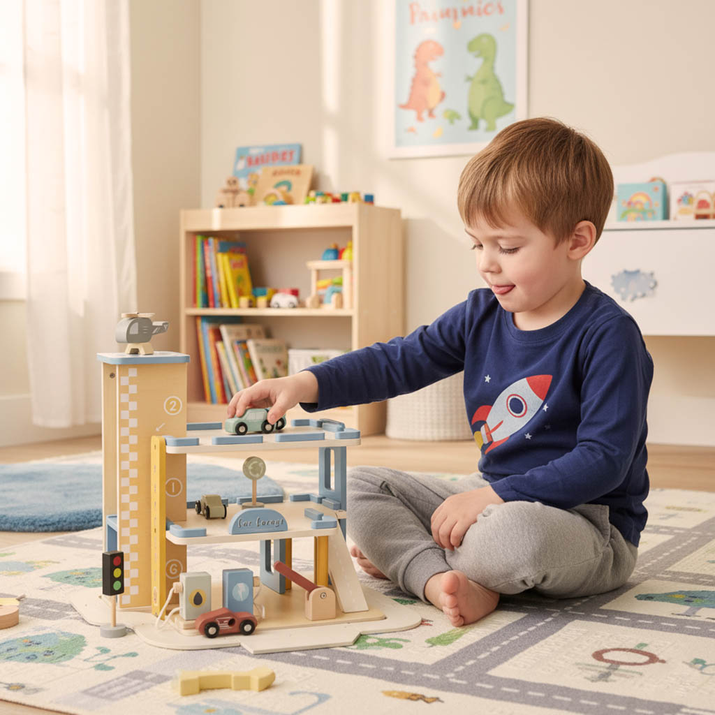 Emeletes fa parkolóház benzinkúttal és kisautókkal