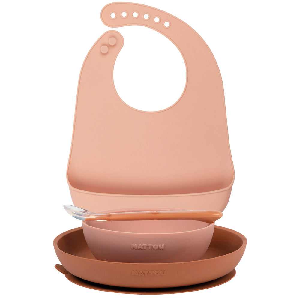 Nattou szilikon étkészlet előkével - 4 részes, pink