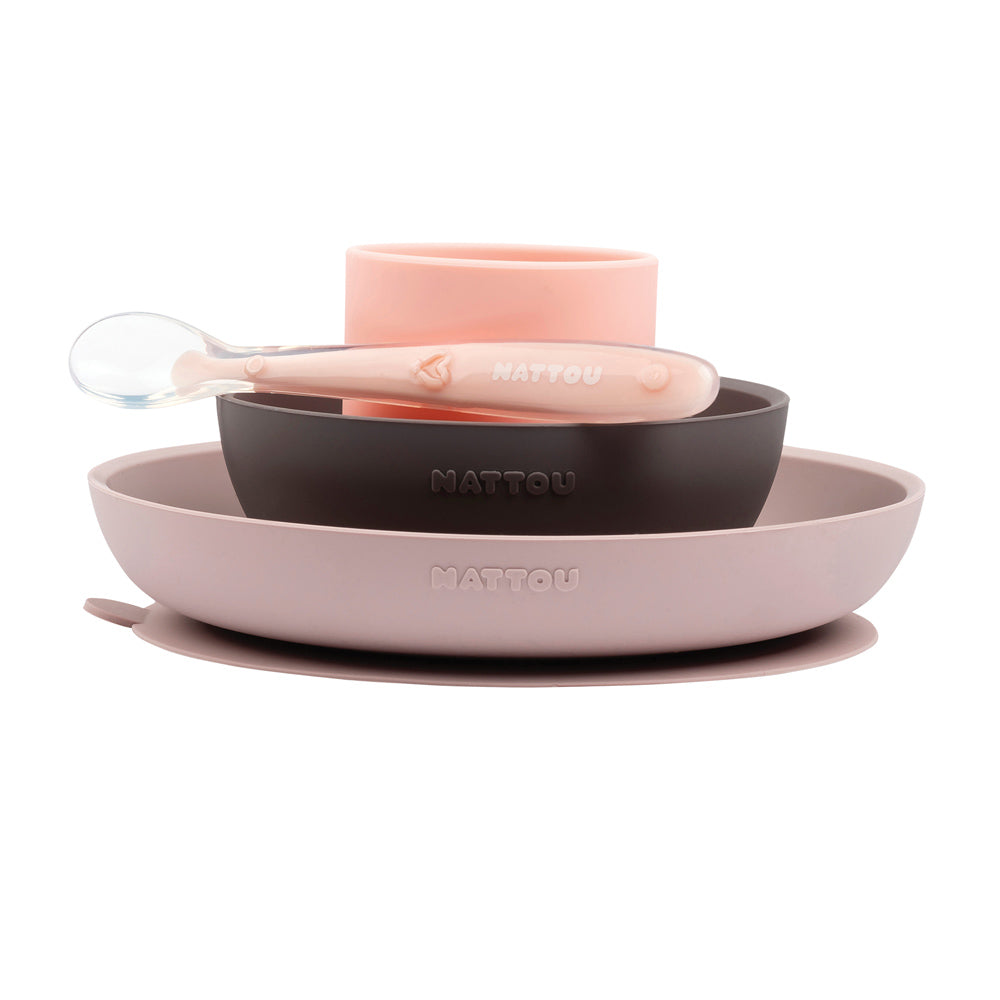 Nattou 4 részes szilikon étkészlet pohárral, pink-padlizsán